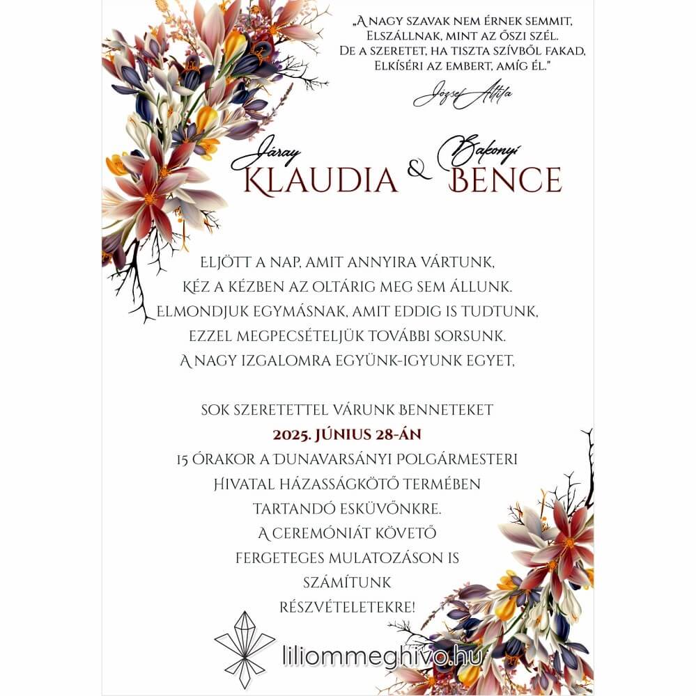 Írisz meghívó egyoldalas változata a két sarokban virágokkal