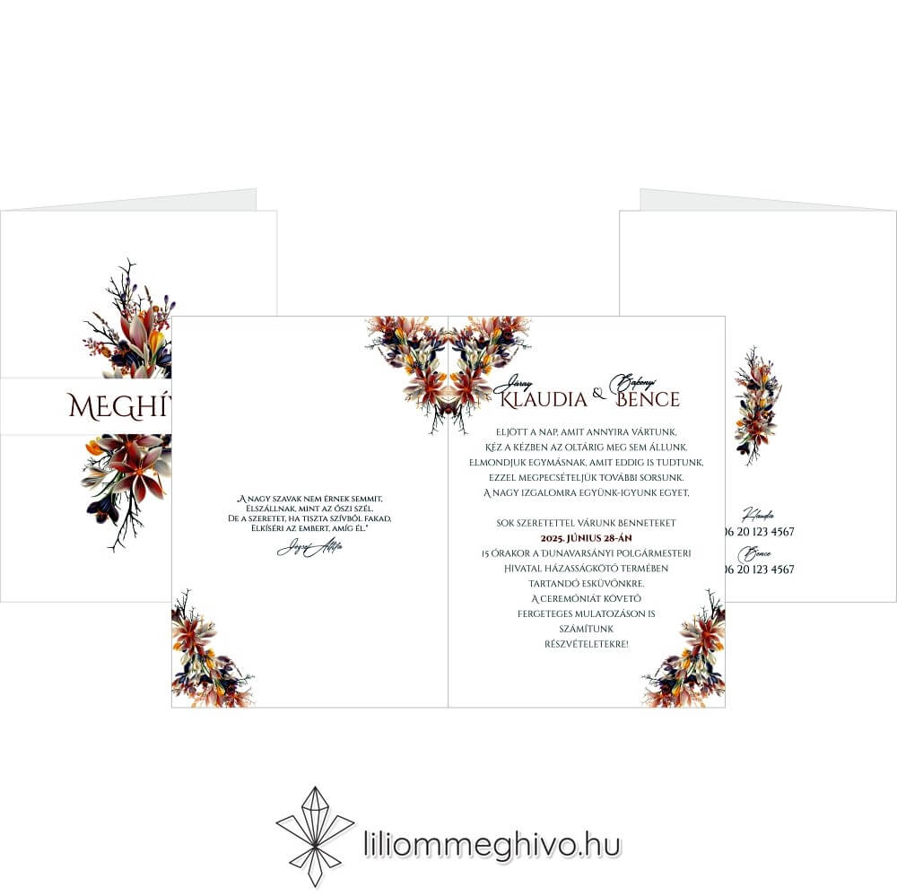 Írisz meghívó négyoldalas változata a két sarokban virágokkal