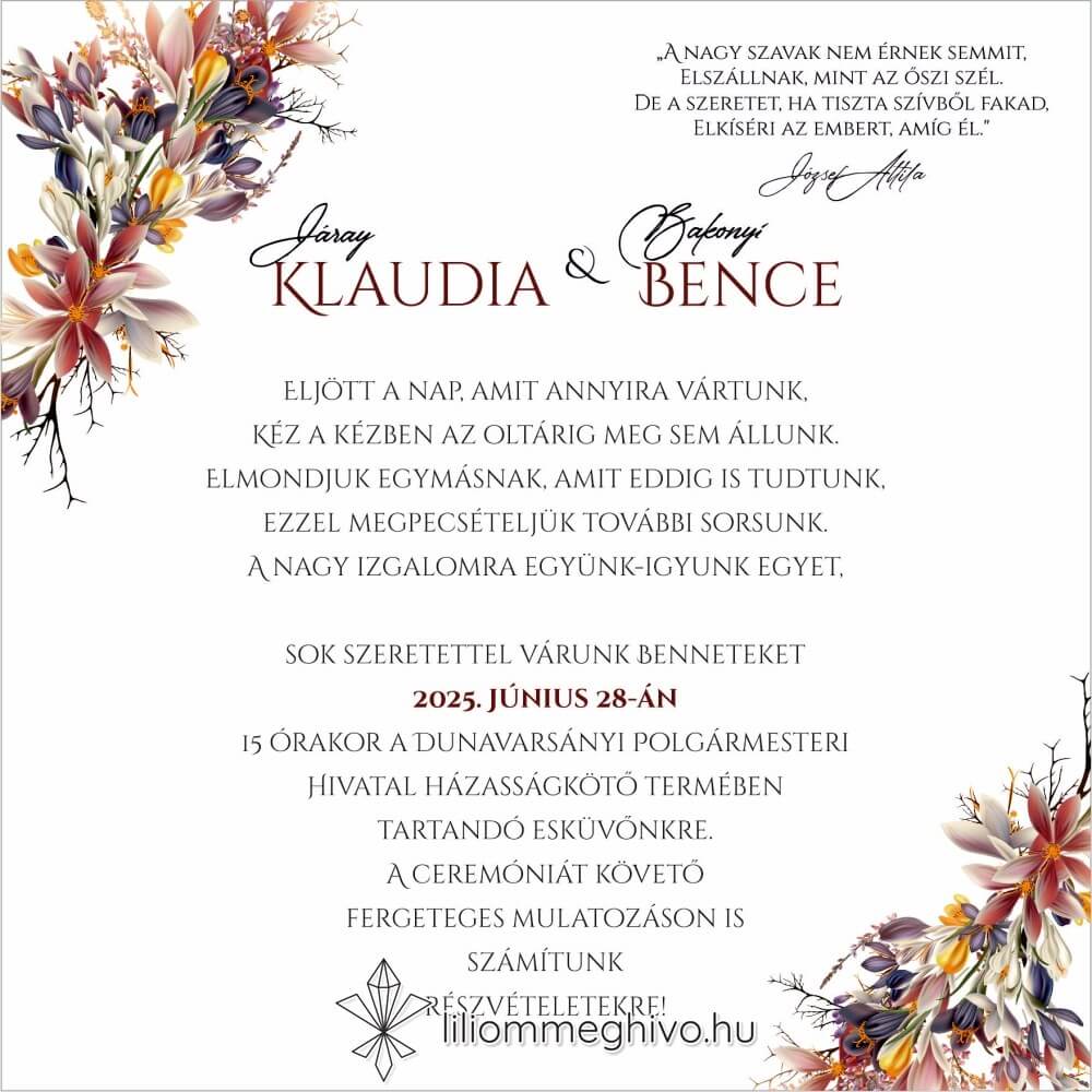 Írisz meghívó négyzetes változata a két sarokban virágokkal