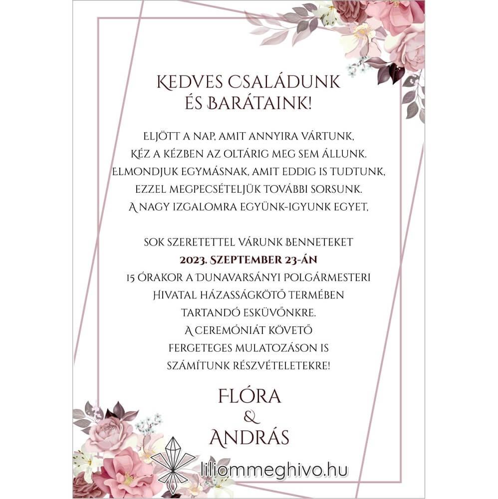 Mályva virágokkal díszített egyoldalas meghívó