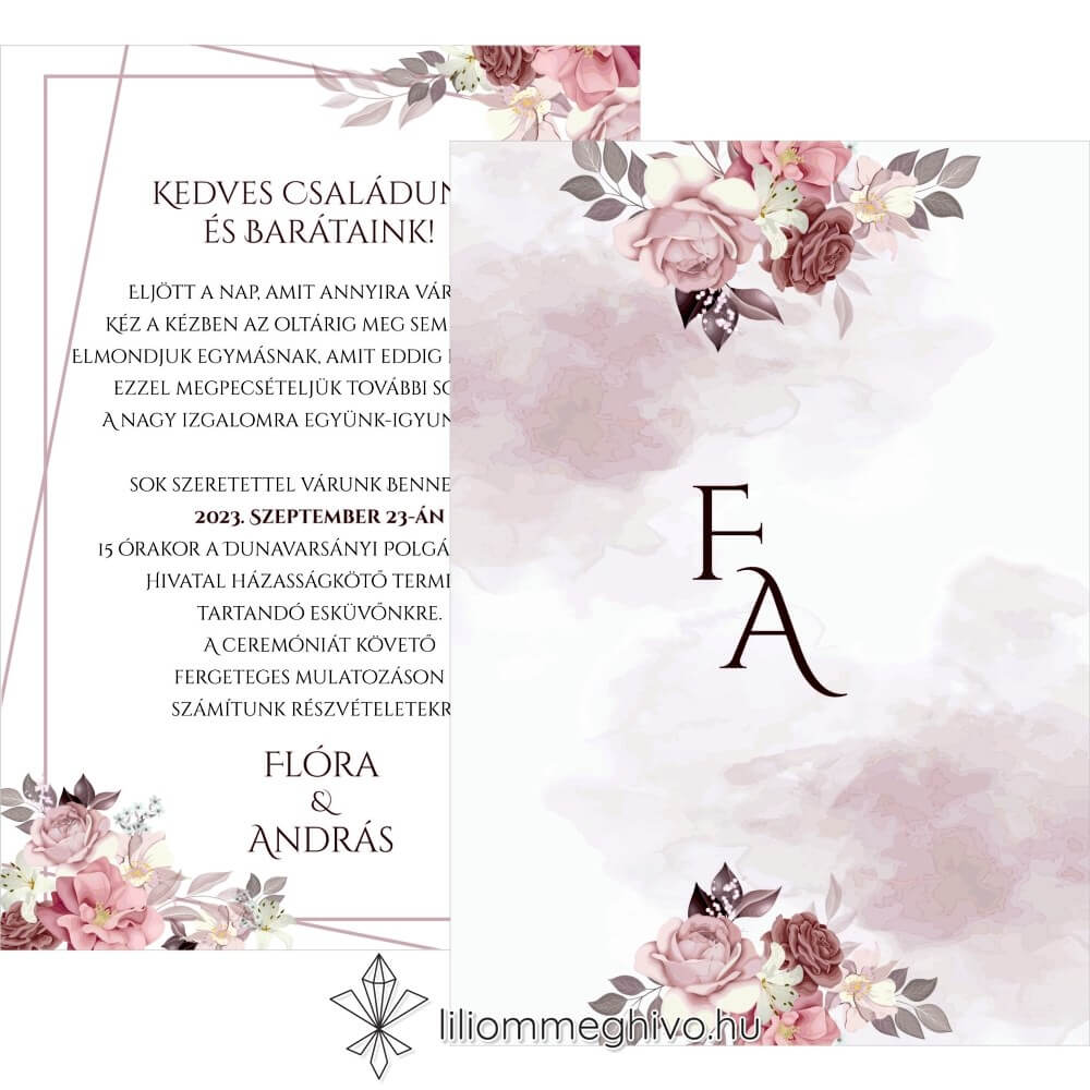 Mályva virágokkal díszített kétoldalas meghívó