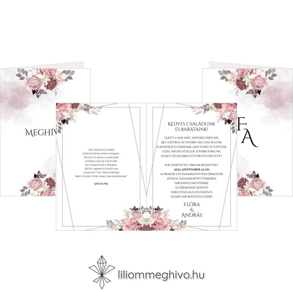Mályva virágokkal díszített négyoldalas meghívó