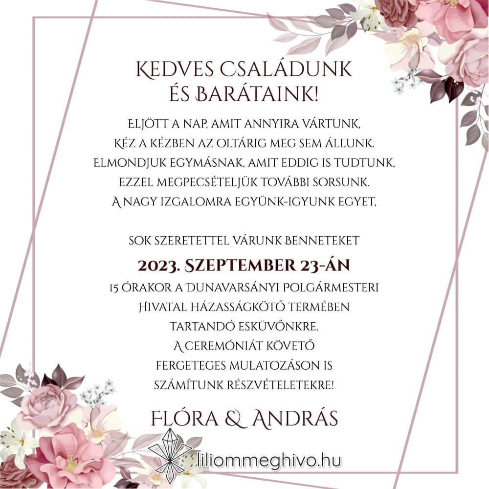 Mályva virágokkal díszített négyzet alakú meghívó