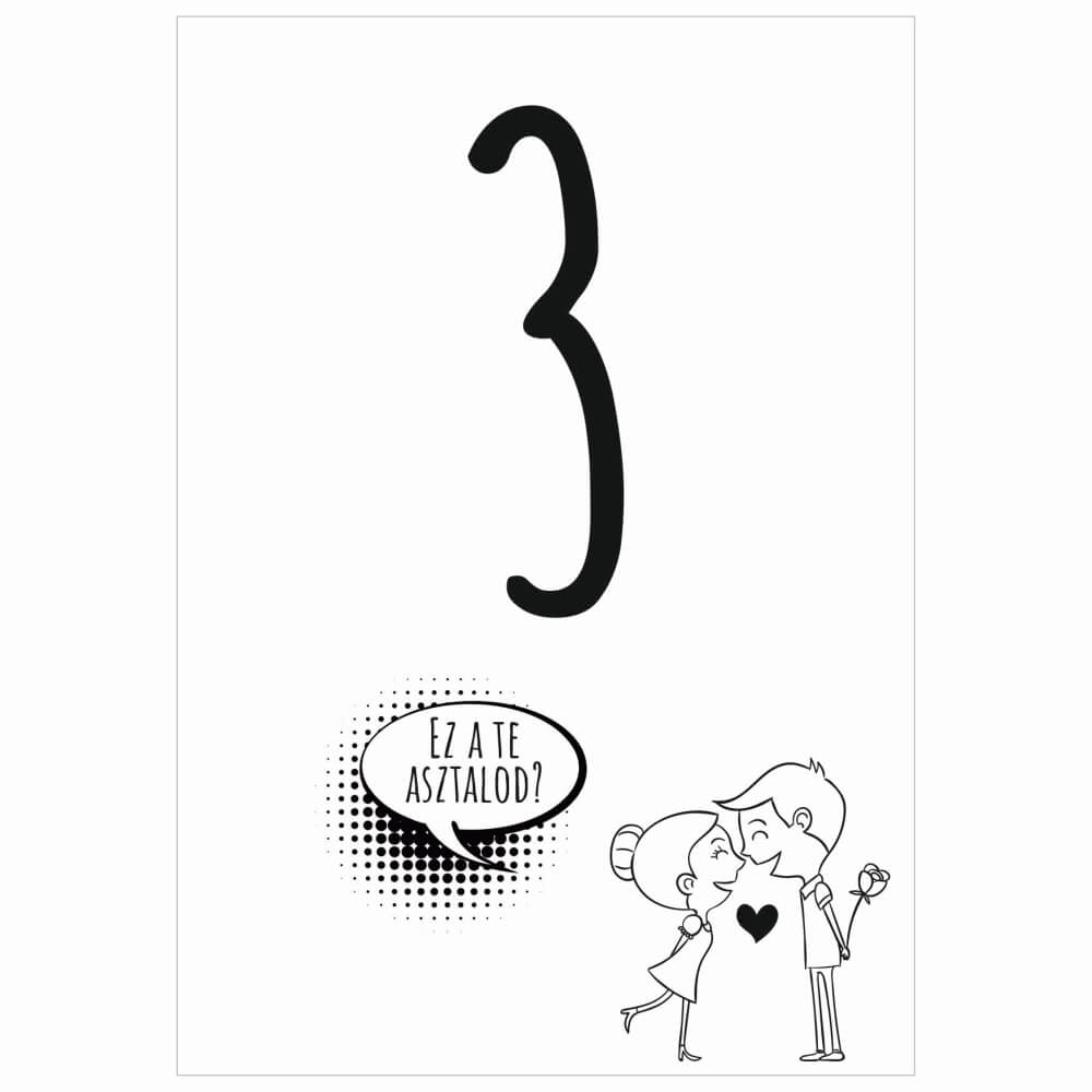 Buborék esküvői asztalszám modern és képregényes hangulat fekete.fehér egyoldalas verzió