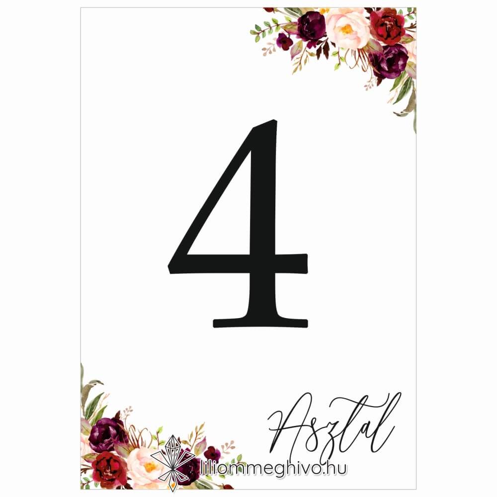 Burgundy esküvői asztalszám bordó virágokkal egyoldalas verzió