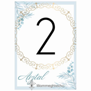 Jégvirág esküvői asztalszám téli esküvőre kék virágok arany minták egyoldalas verzió