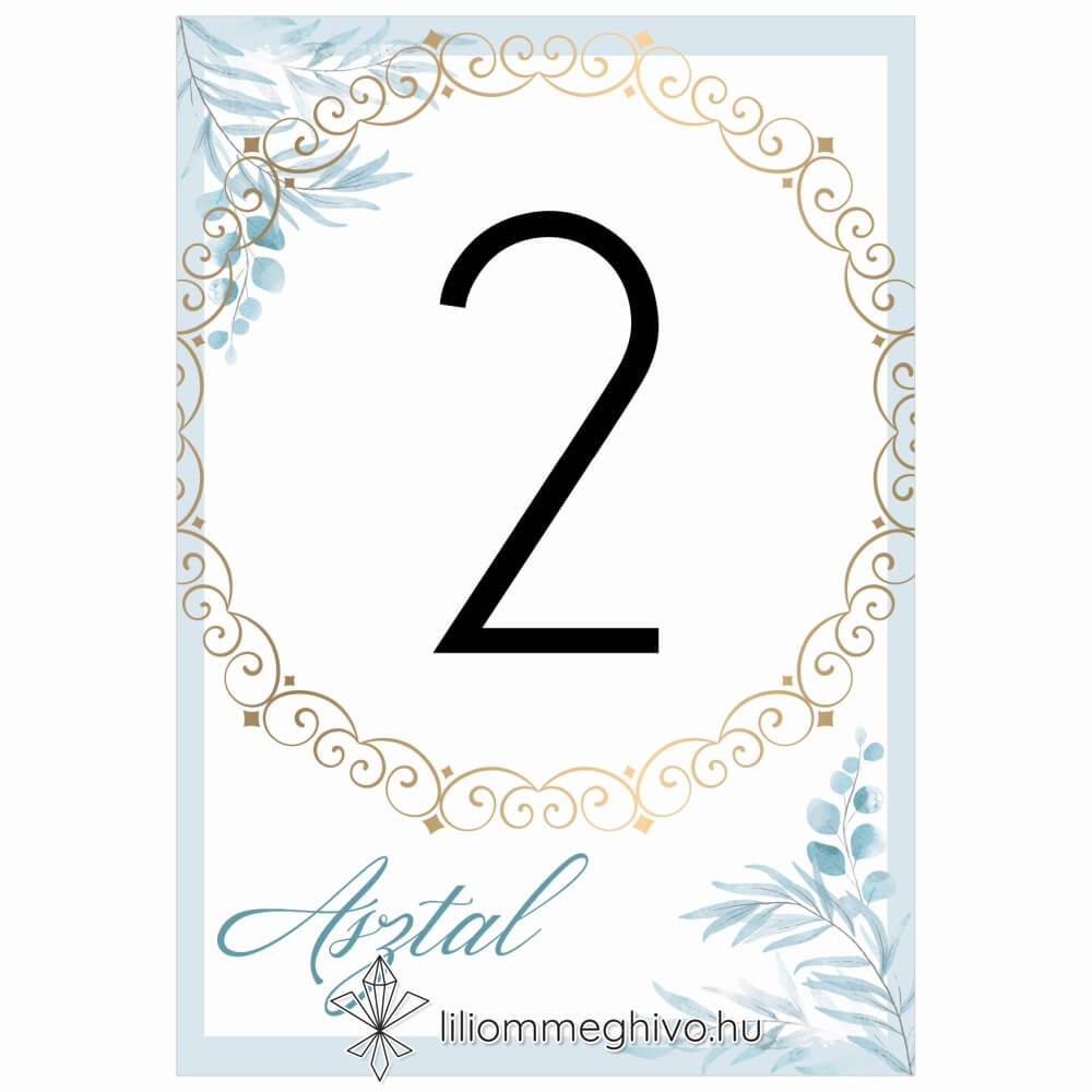 Jégvirág esküvői asztalszám téli esküvőre kék virágok arany minták egyoldalas verzió