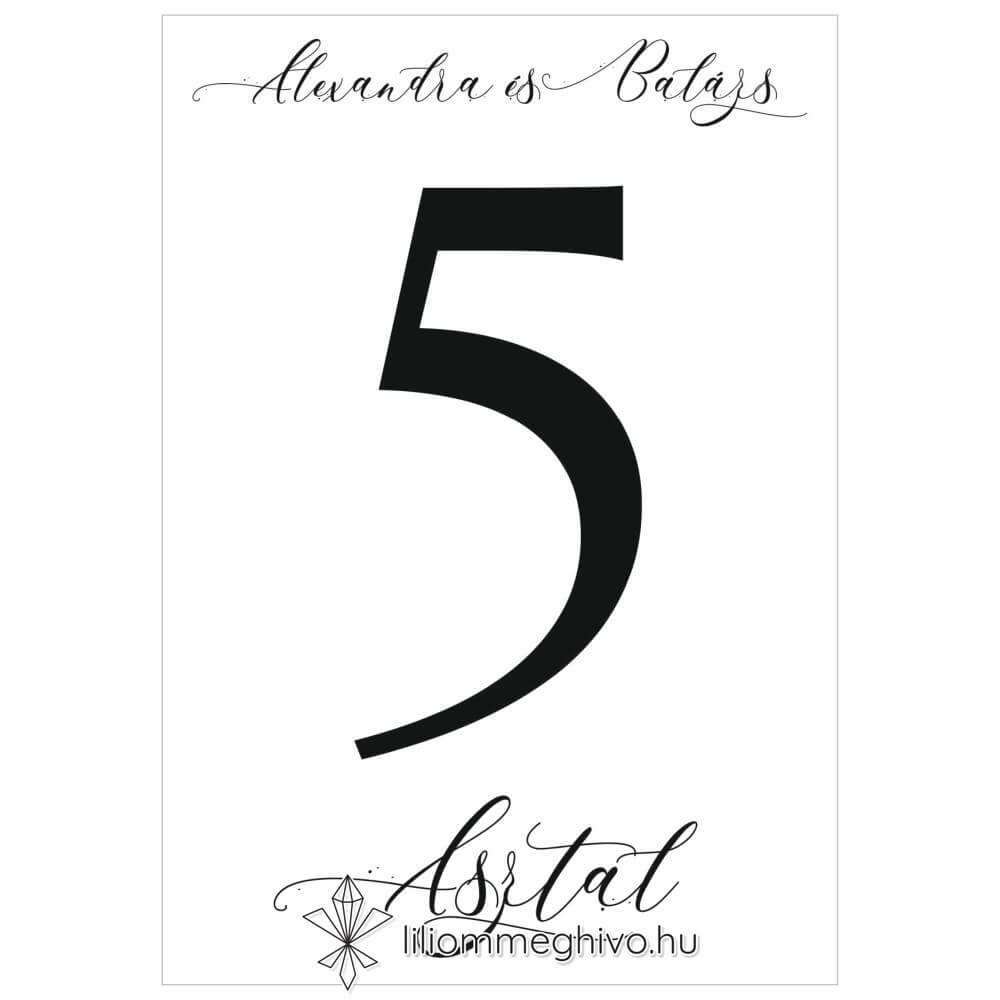 Kalligráfia esküvői Asztalszám képe egylapos változat fekete és fehér