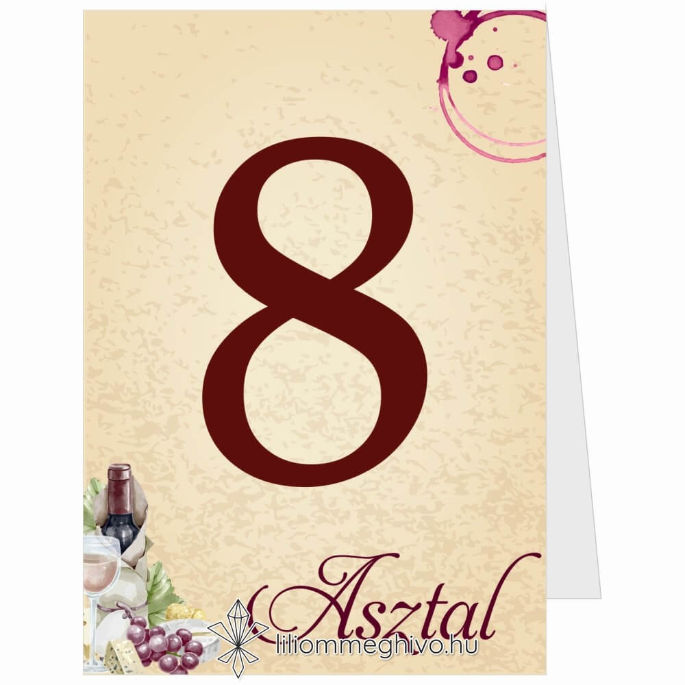 eskuvoi-asztalszam-ketoldalas-borkostolo-liliommeghivo Borkóstoló esküvői asztalszám vintage hangulat borfoltok sátor alak