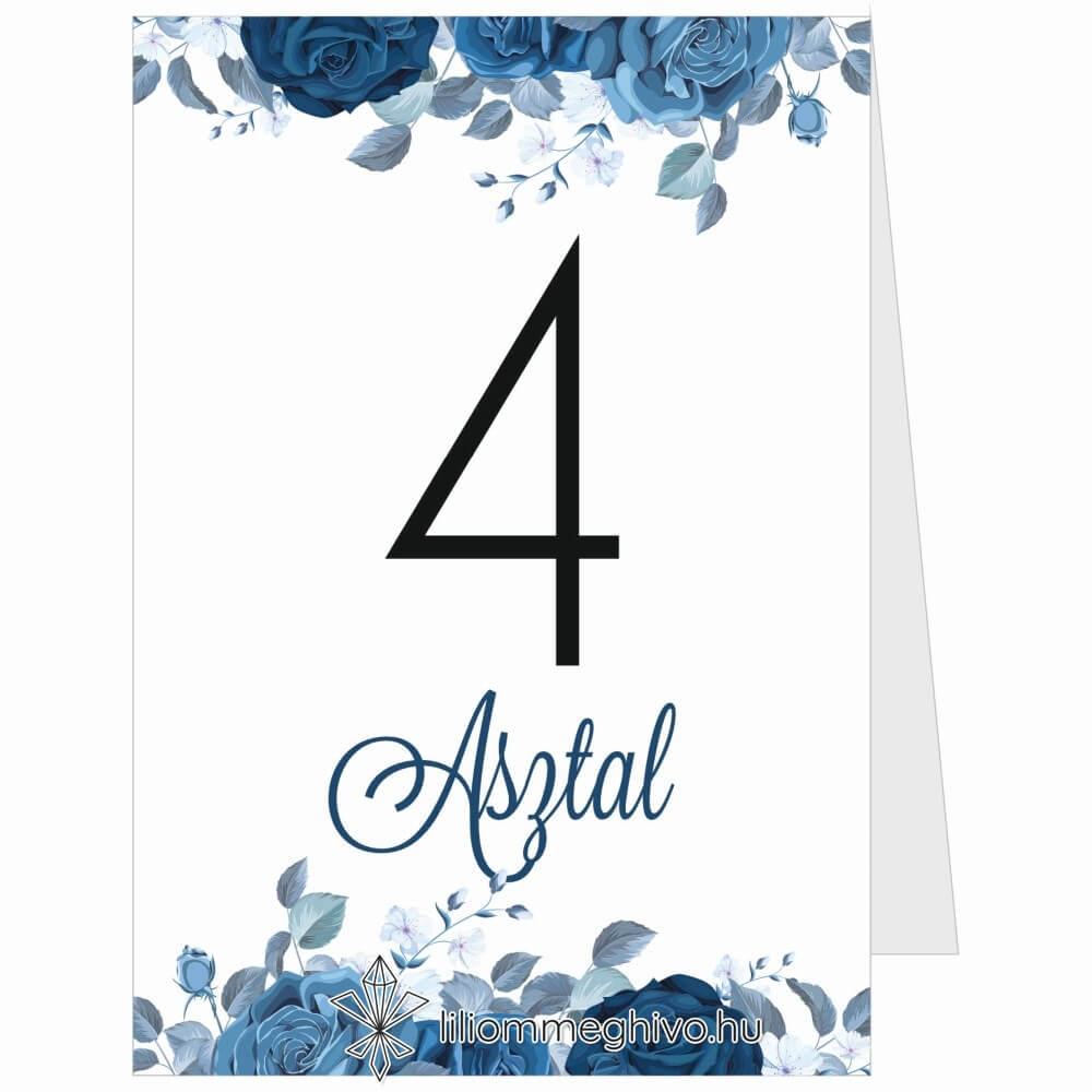 Éjfél esküvői asztalszám téli hangulat kék virágokkal sátor alak