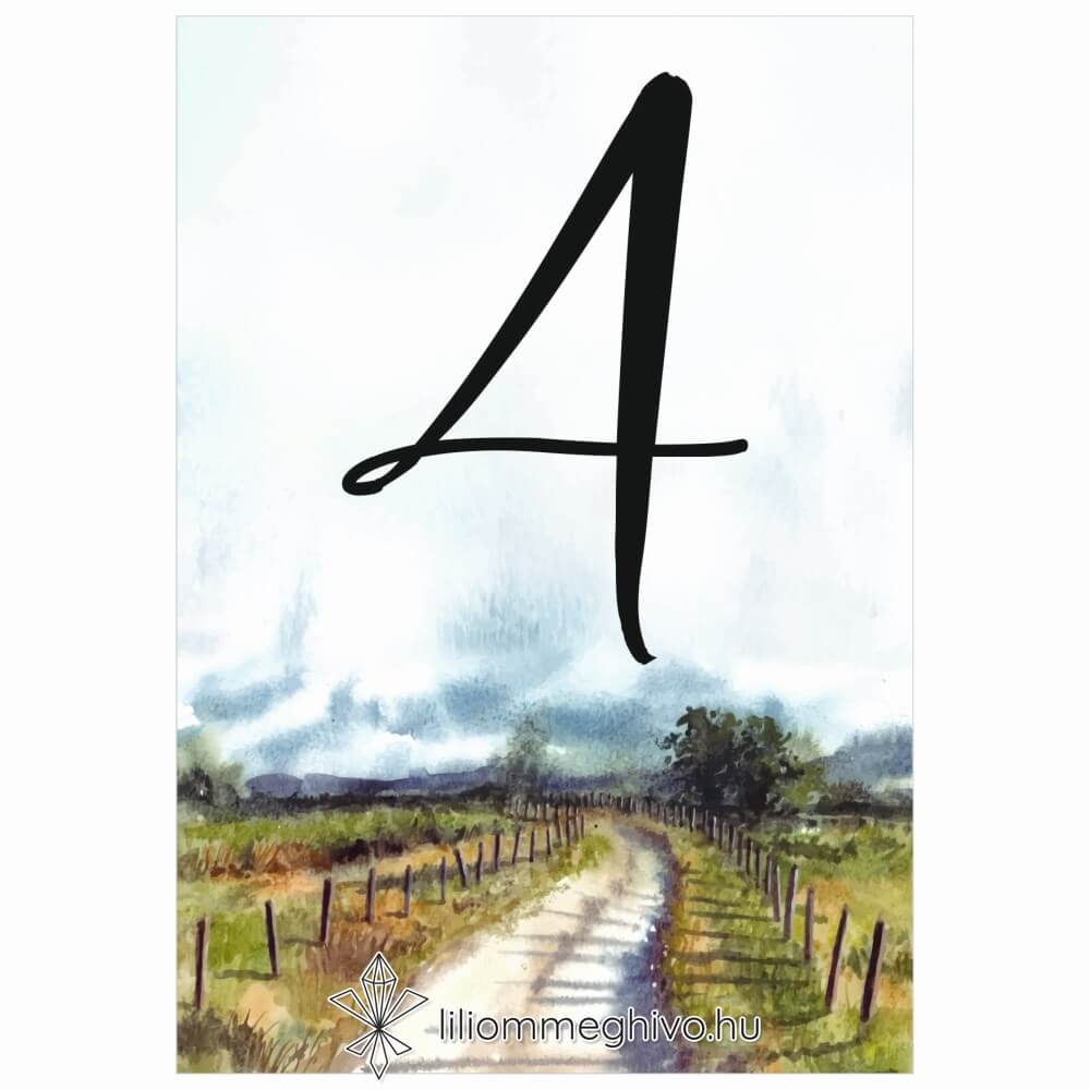 Ösvény esküvői asztalszám festett és utazós hangulat egyoldalas verzió