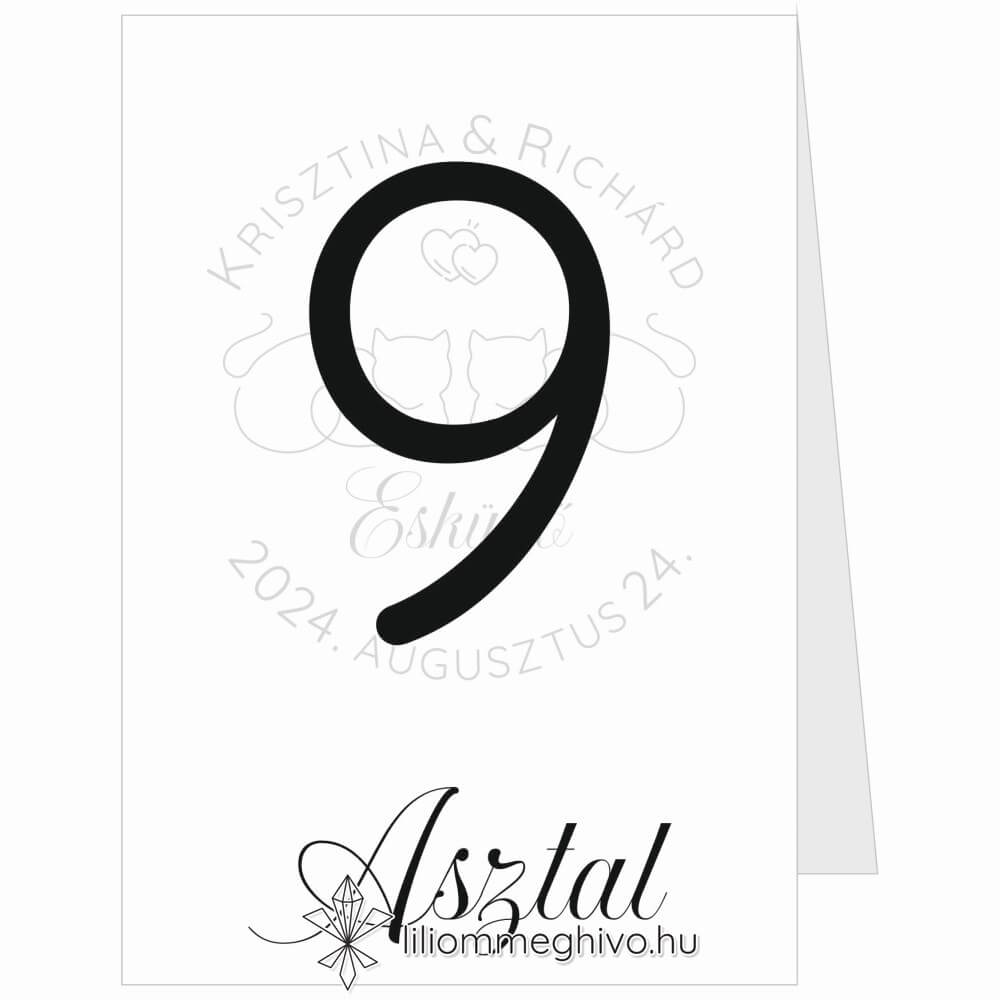 Sziámi esküvői Asztalszám képe sátor alakú változat stilizált cicákkal