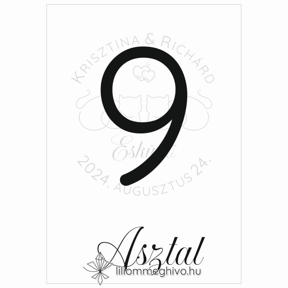 Sziámi esküvői Asztalszám képe egylapos változat stilizált cicákkal