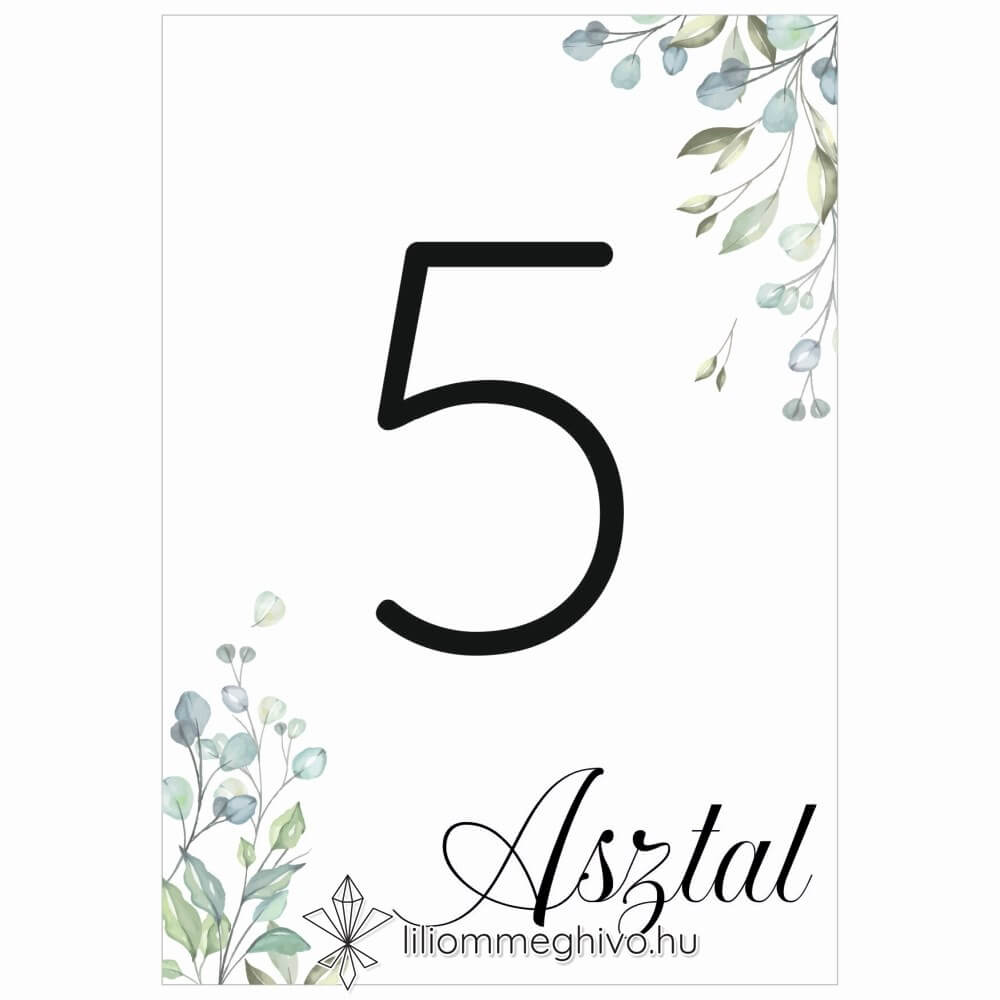 Zöldike esküvői asztalszám greenery hangulat zöld virágokkal egyoldalas verzió