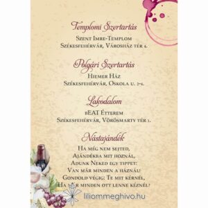 Borkóstoló esküvői infókártya vintage hangulat borfoltok egyoldalas verzió