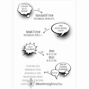 Buborék esküvői infókártya modern és képregényes hangulat fekete.fehér egyoldalas verzió