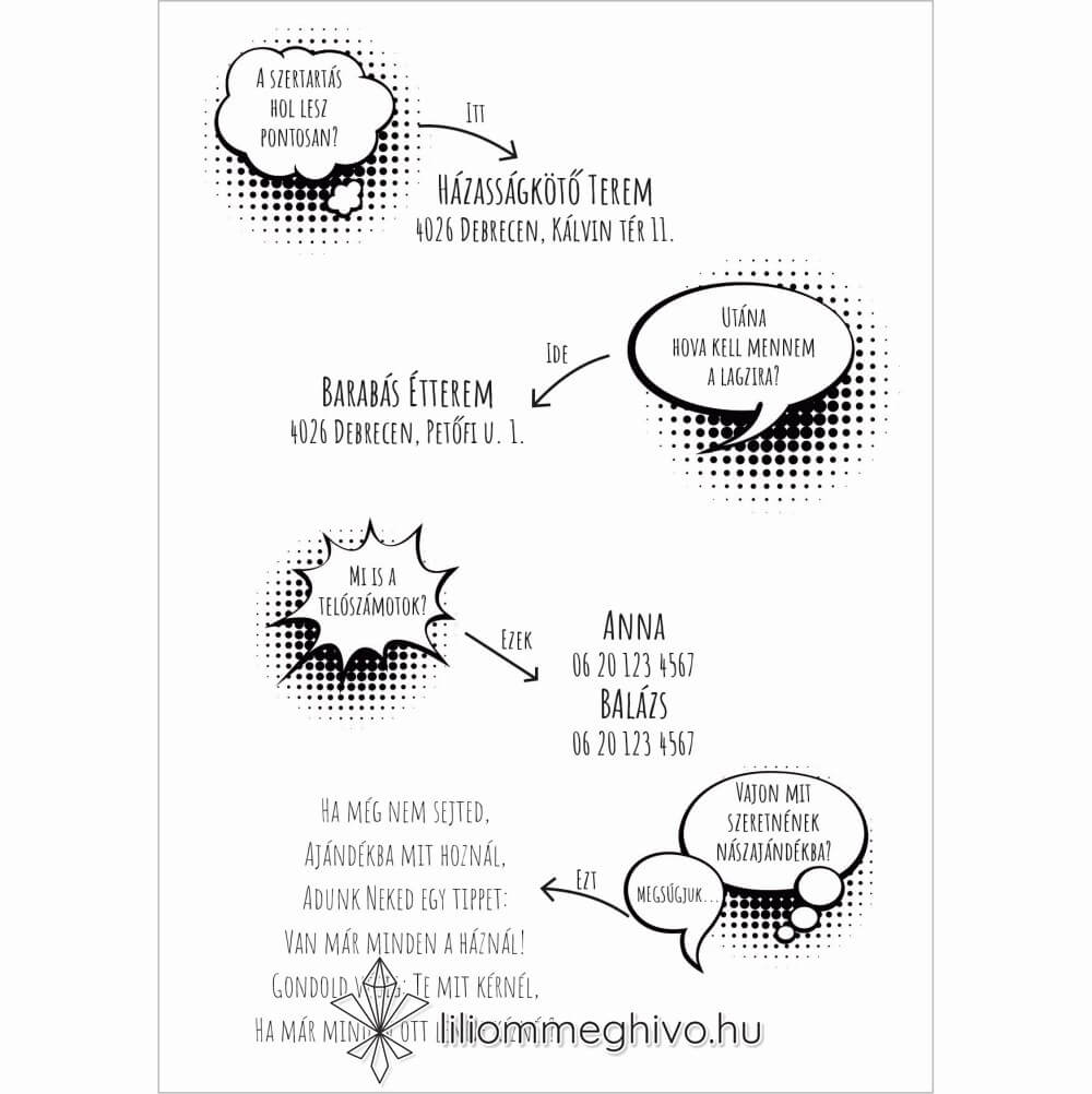 Buborék esküvői infókártya modern és képregényes hangulat fekete.fehér egyoldalas verzió