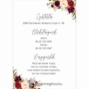 Burgundy esküvői infókártya bordó virágokkal egyoldalas verzió