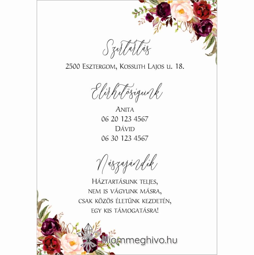 Burgundy esküvői infókártya bordó virágokkal egyoldalas verzió