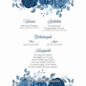 Éjfél esküvői infókártya téli hangulat kék virágokkal egyoldalas verzió