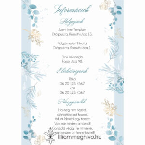 Jégvirág esküvői infókártya téli esküvőre kék virágok arany minták egyoldalas verzió
