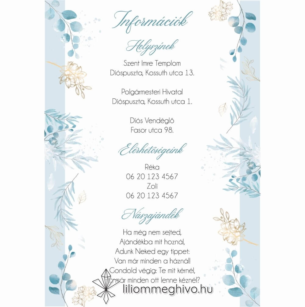 Jégvirág esküvői infókártya téli esküvőre kék virágok arany minták egyoldalas verzió
