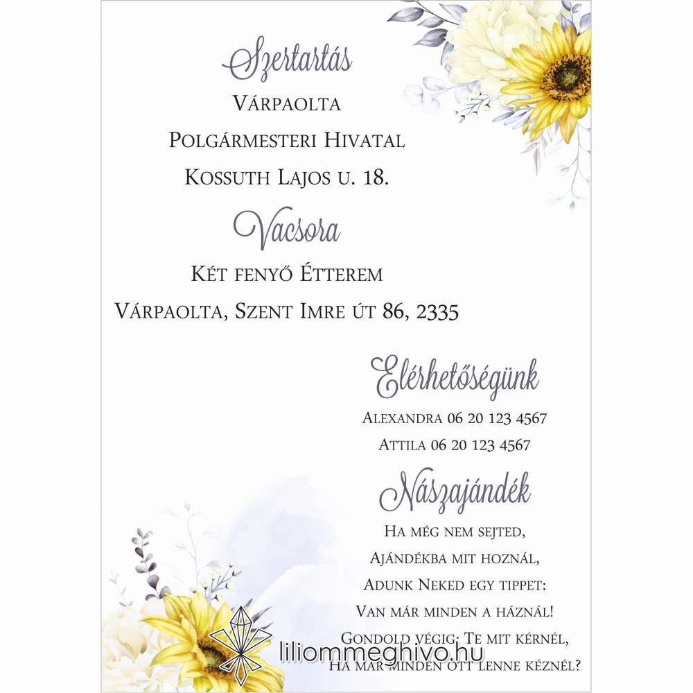 Napraforgó infókártya egyoldalas képe