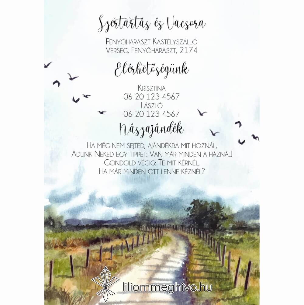 Ösvény esküvői Infókártya festett és utazós hangulat egyoldalas verzió