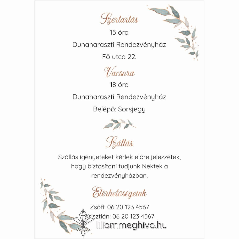 Rosegold esküvői Infókártya képe egylapos változat