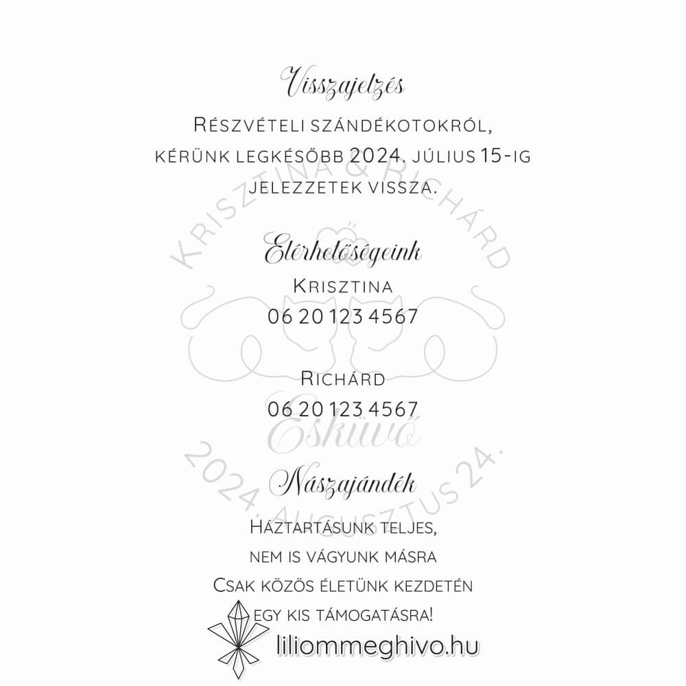 Sziámi esküvői Infókártya képe egylapos változat stilizált cicákkal