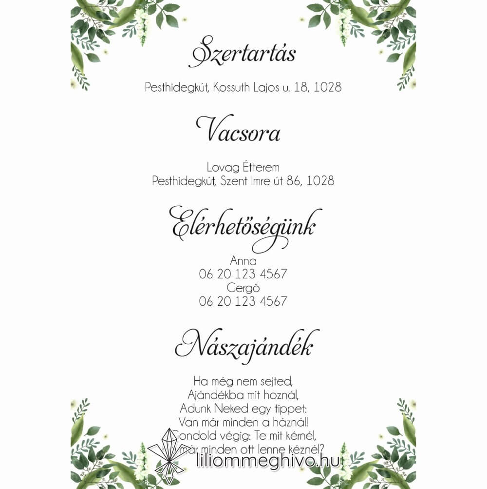 Tappancs esküvői infókártya greenery minták egyoldalas verzió