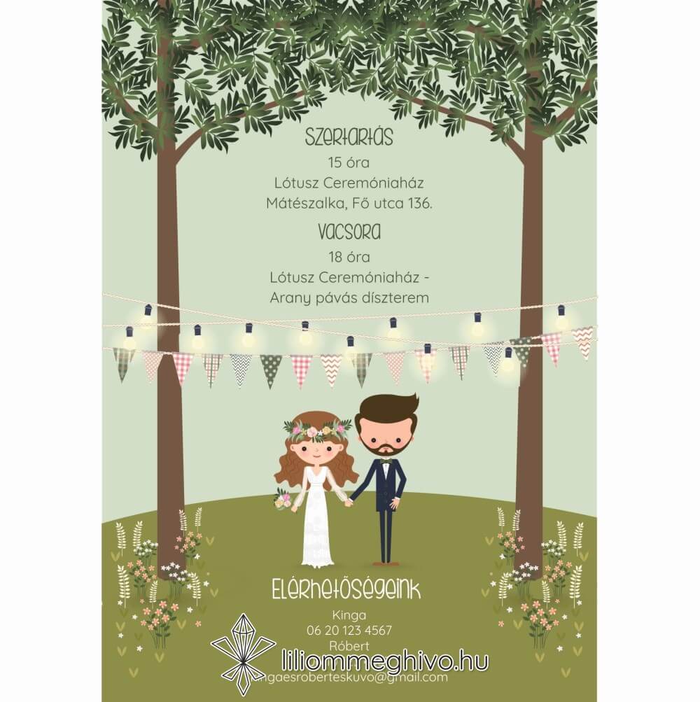 Papirusz esküvői Infókártya képe egylapos változat rajzolt esküvői hangulat