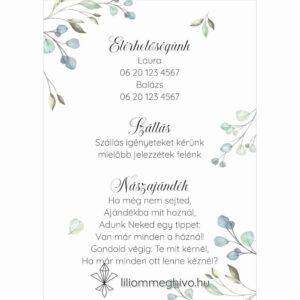 Zöldike esküvői infókártya greenery hangulat zöld virágokkal egyoldalas verzió