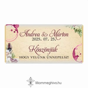 Borkóstoló esküvői köszönőajándék csokoládé vintage hangulat borfoltok egyoldalas verzió
