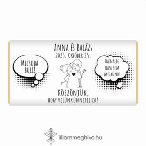 Buborék esküvői csoki köszönetajándék modern és képregényes hangulat fekete.fehér egyoldalas verzió