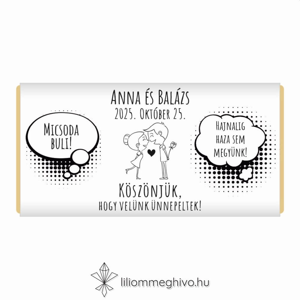 Buborék esküvői csoki köszönetajándék modern és képregényes hangulat fekete.fehér egyoldalas verzió