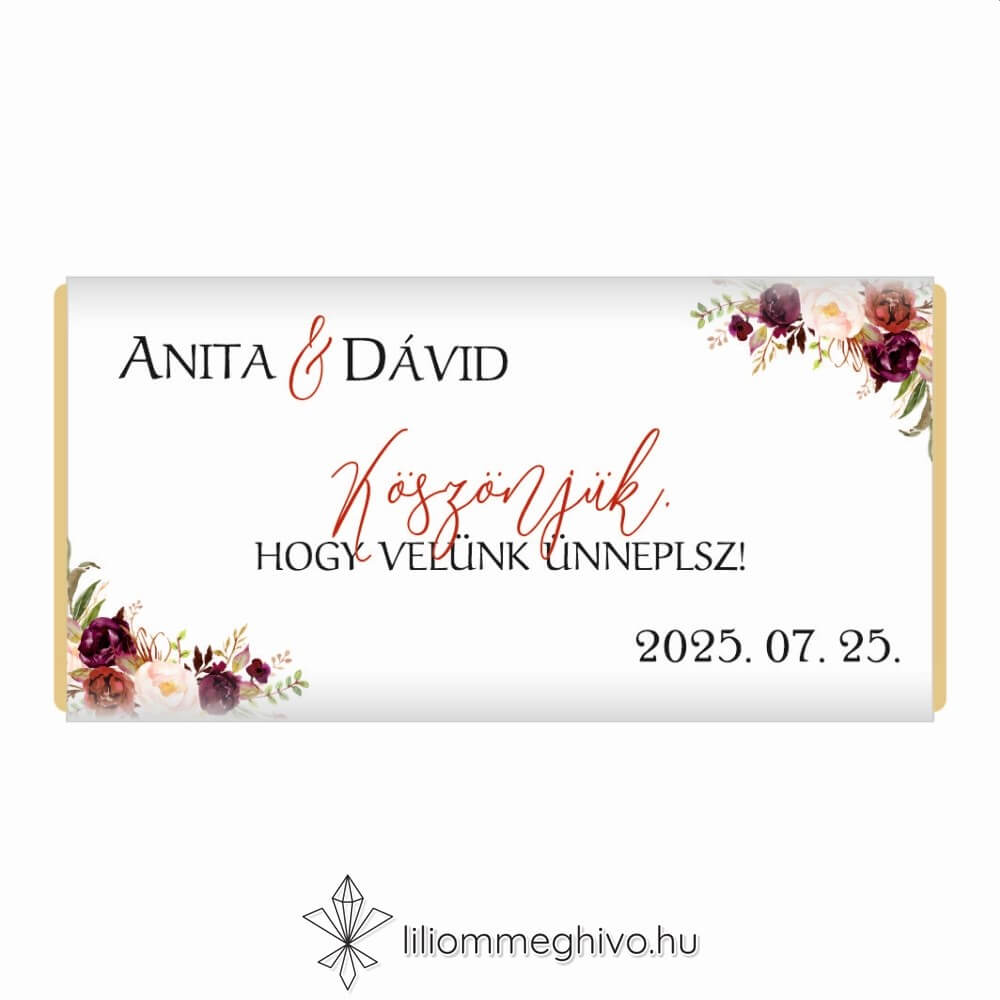 Burgundy esküvői vendégajándék csokoládé bordó virágokkal egyoldalas verzió