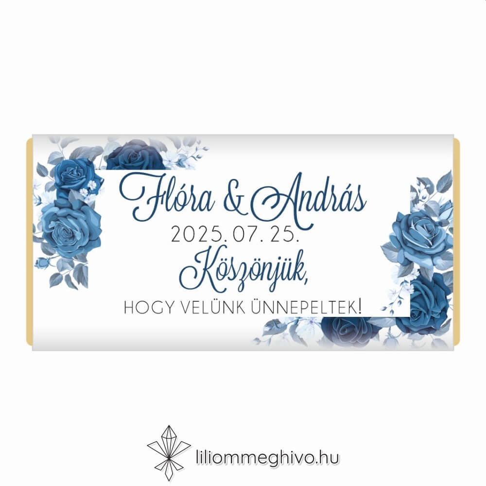 Éjfél esküvői csoki vendégajándék téli hangulat kék virágokkal