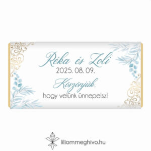 Jégvirág esküvői csokoládé köszönetajándék téli esküvőre kék virágok arany minták