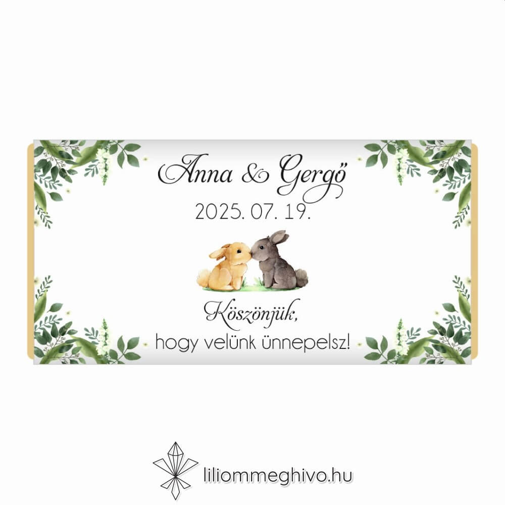 Tappancs esküvői csokoládé köszönőajándék greenery minta nyuszikkal