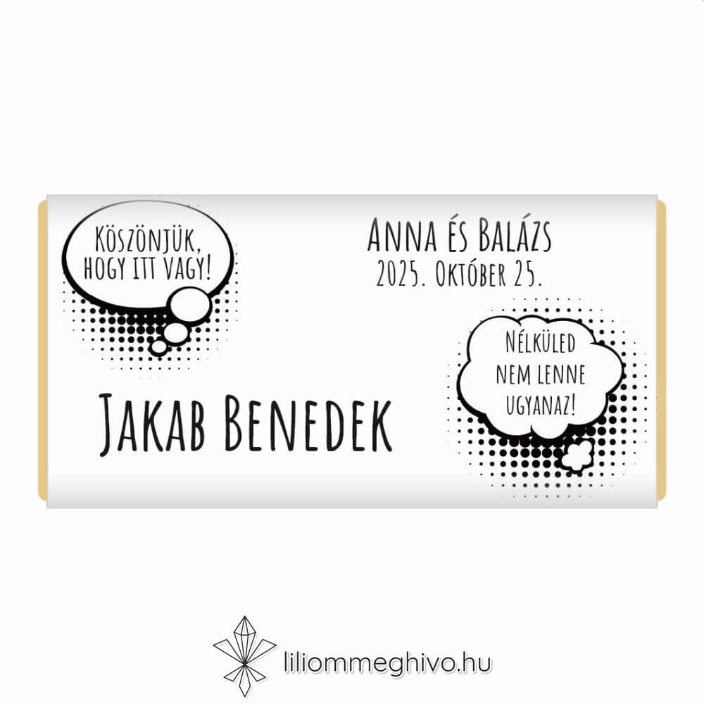 eskuvoi-koszonetajandek-csoki-ulteto-buborek-liliommeghivo Buborék esküvői csoki köszönetajándék és ültetőkártya modern és képregényes hangulat fekete.fehér egyoldalas verzió