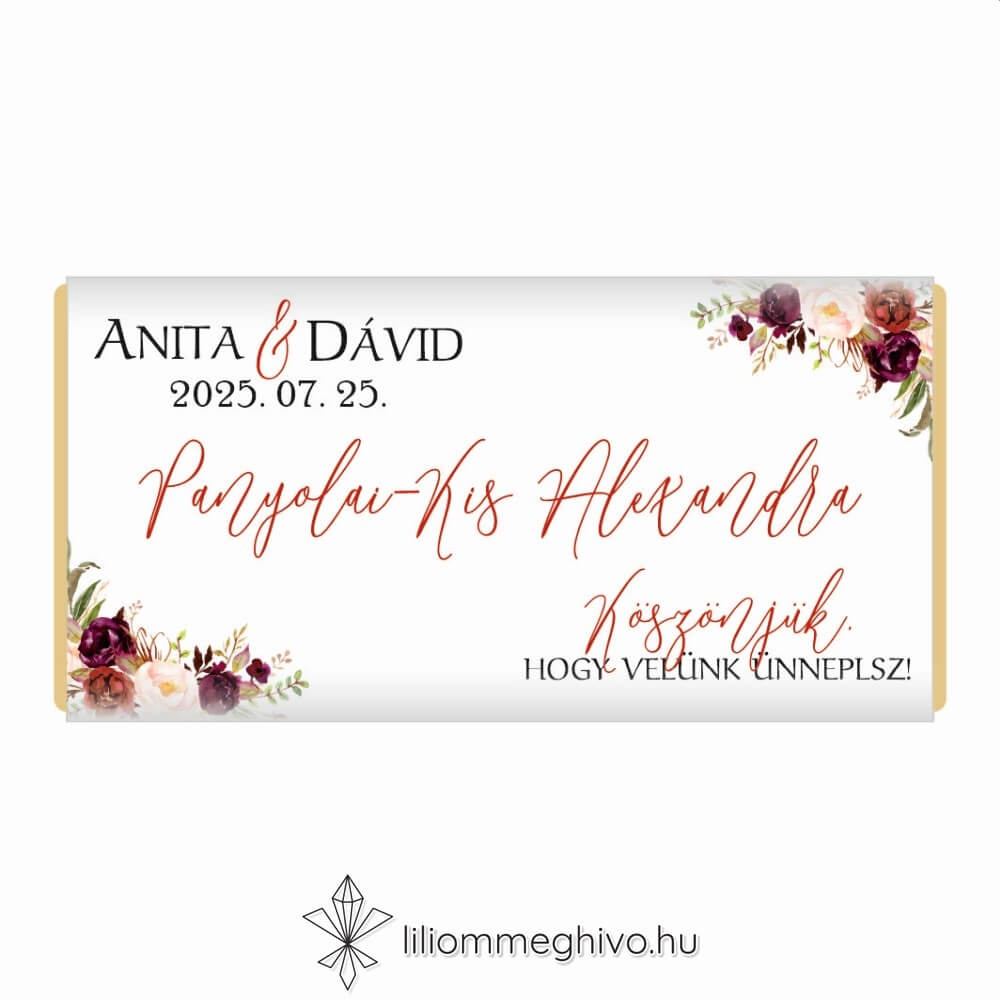 Burgundy esküvői vendégajándék és ültetőkártya csokoládé bordó virágokkal egyoldalas verzió