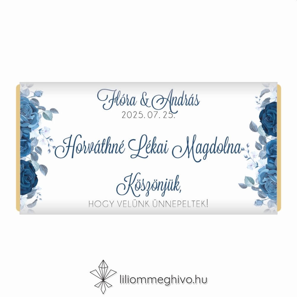 Éjfél esküvői csoki vendégajándék és ültetőkártya téli hangulat kék virágokkal egyoldalas verzió