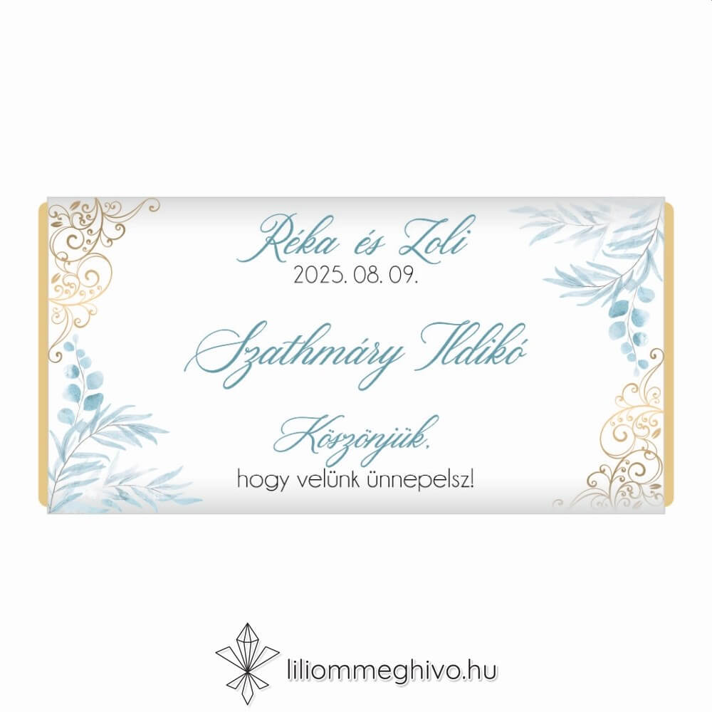 Jégvirág esküvői csokoládé ültetőkártya és köszönetajándék téli esküvőre kék virágok arany minták