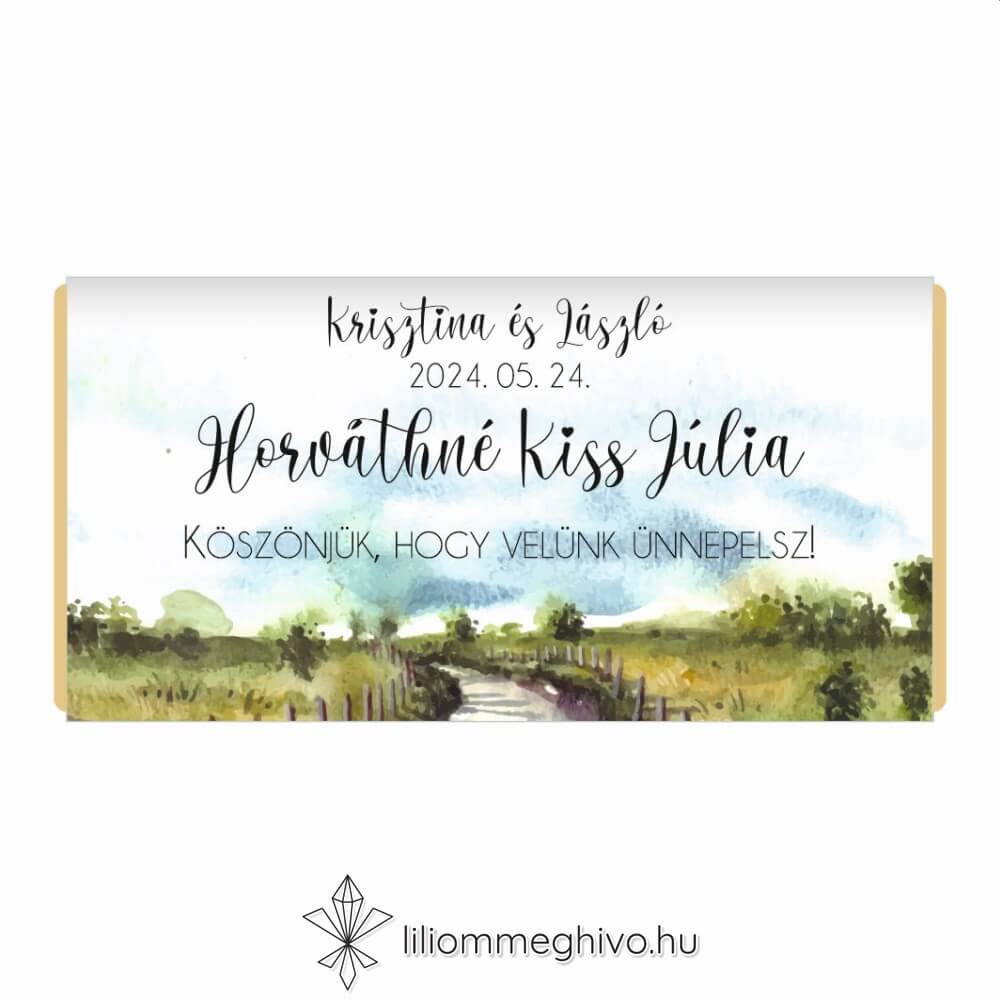 Ösvény esküvői csokoládé köszönőajándék és ültetőkártya festett és utazós hangulat egyoldalas verzió