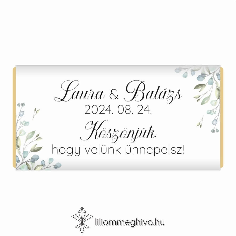 Zöldike esküvői csoki köszönetajándék greenery hangulat zöld virágokkal egyoldalas verzió