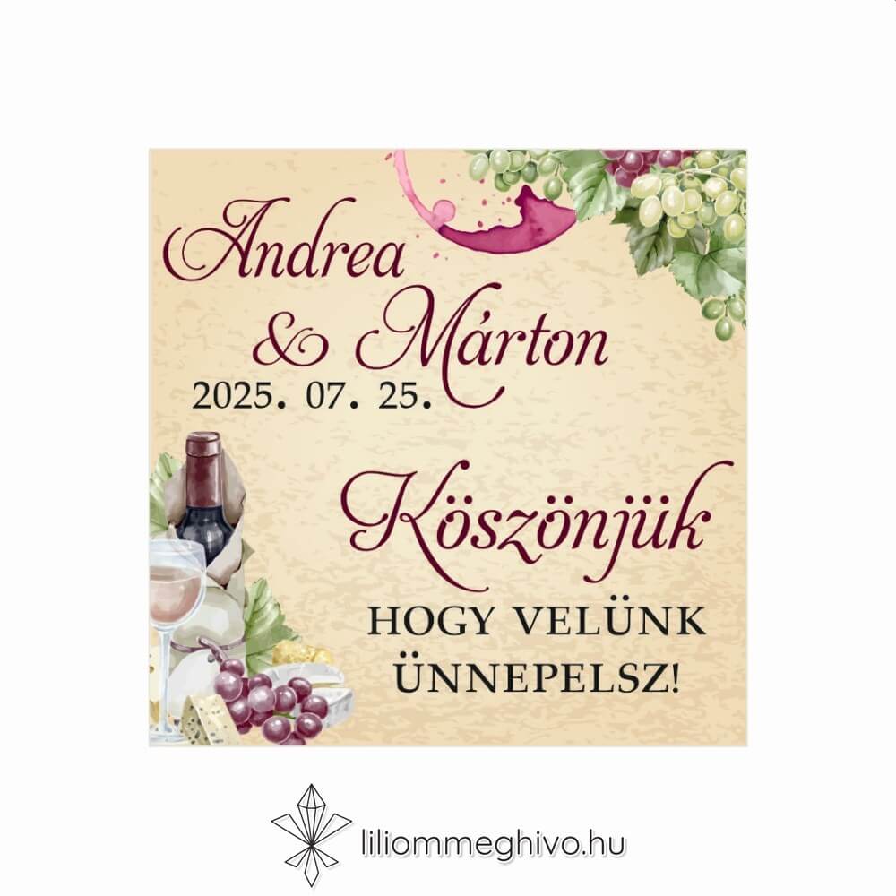 Borkóstoló esküvői köszönőajándék hűtőmágnes vintage hangulat borfoltok egyoldalas verzió