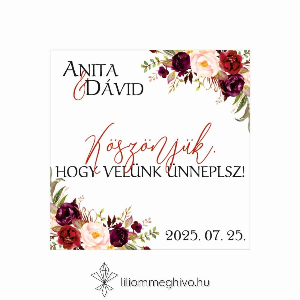 Burgundy esküvői vendégajándék hűtőmágnes bordó virágokkal egyoldalas verzió