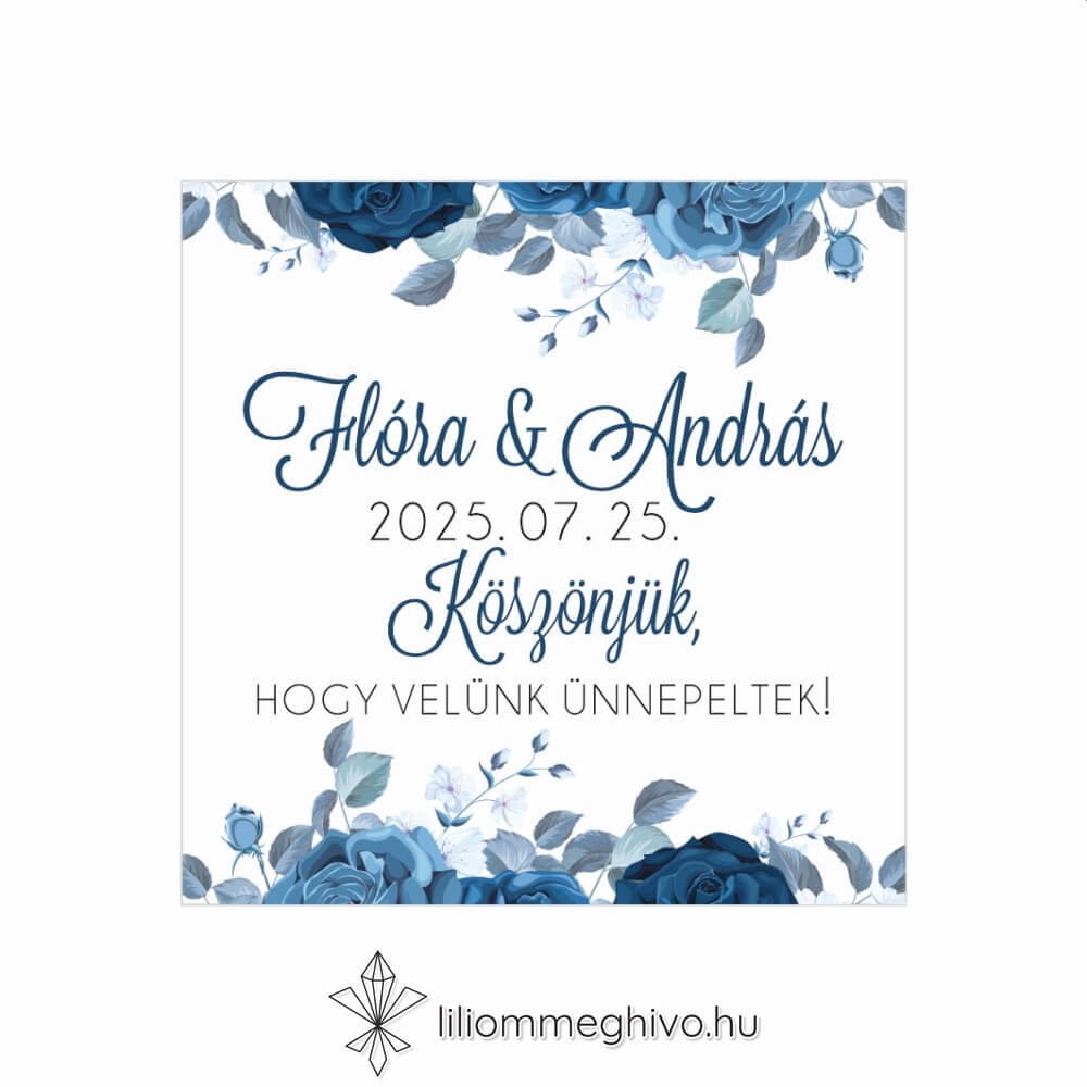 Éjfél esküvői hűtőmágnes vendégajándék téli hangulat kék virágokkal