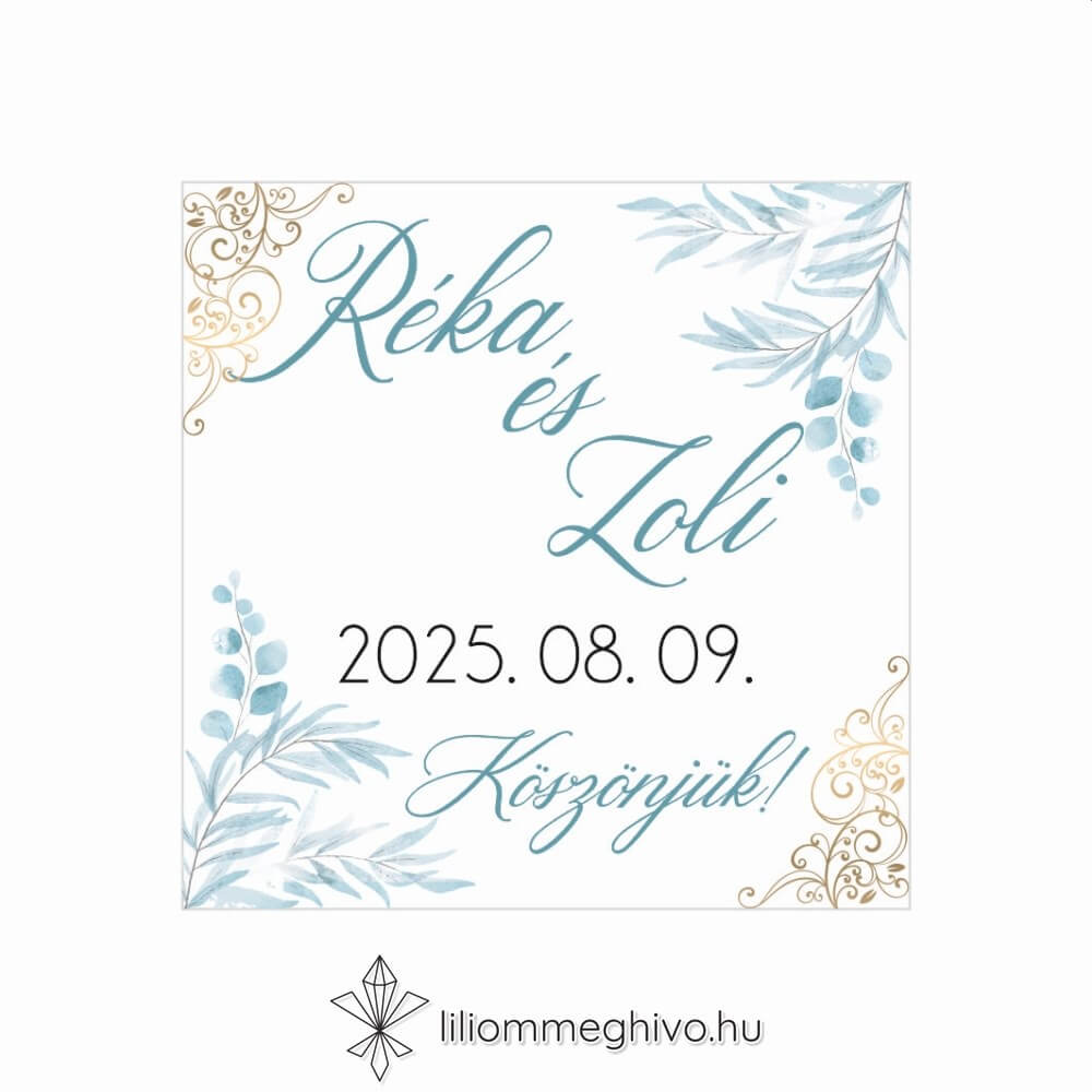 Jégvirág esküvői hűtőmágnes téli esküvőre kék virágok arany minták egyoldalas verzió